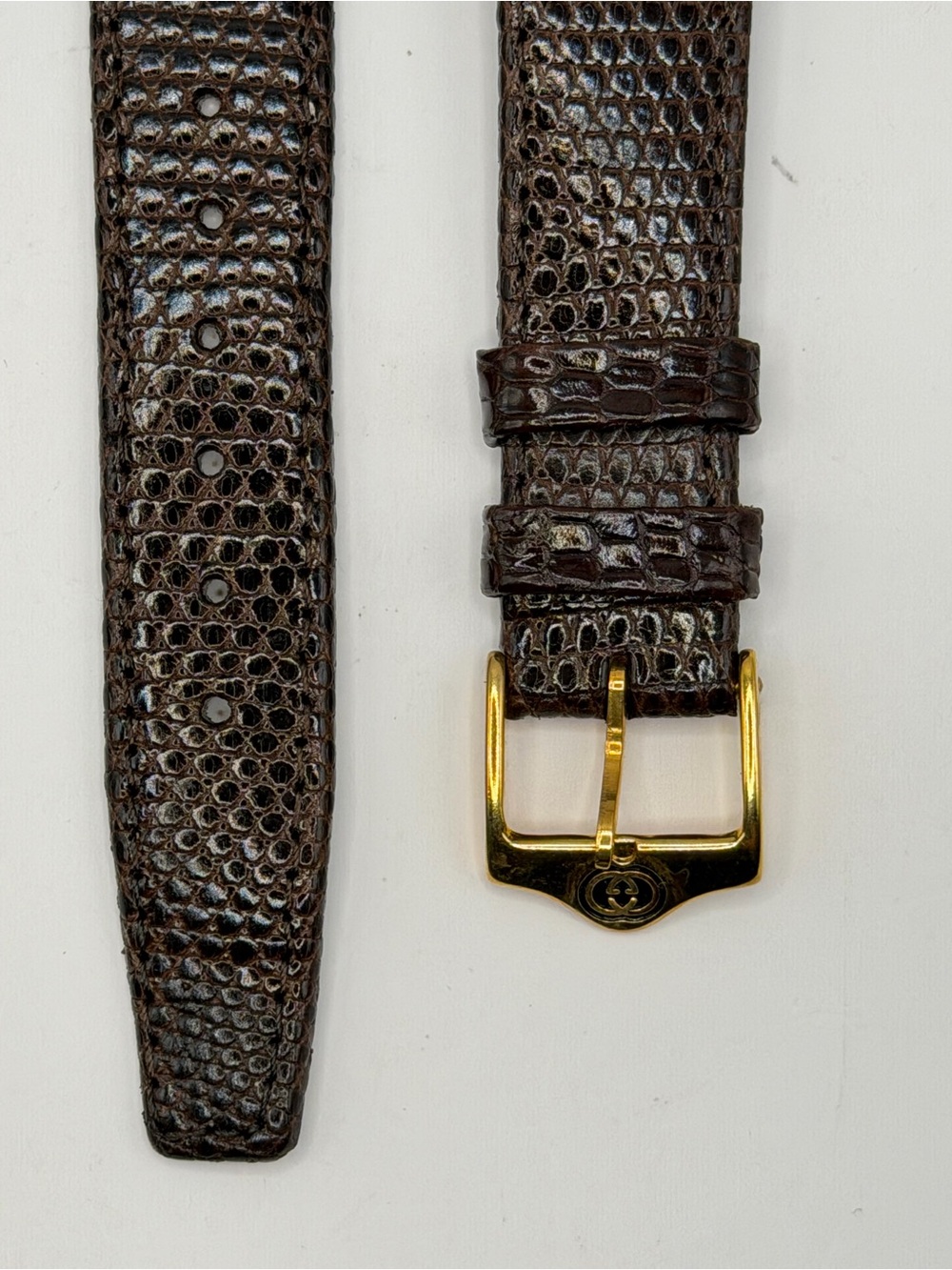 Gucci Dark Brown Lizard-Textured Leather Watch Strap with Gold Buckle 16MMR - Picture 2 of 3